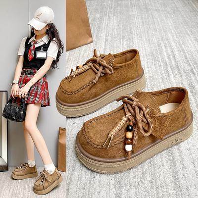 Leather Platform Women's All-inclusive Lace-up Kangaroo Shoes Heightening Women's Shoes New Loafers Small Leather Shoes Single Shoes