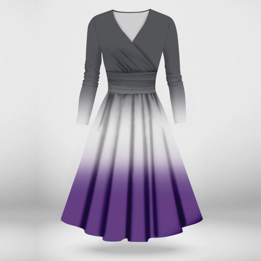 Dámské ležérní a módní sexy šaty s dlouhým rukávem a výstřihem do V s přechodem