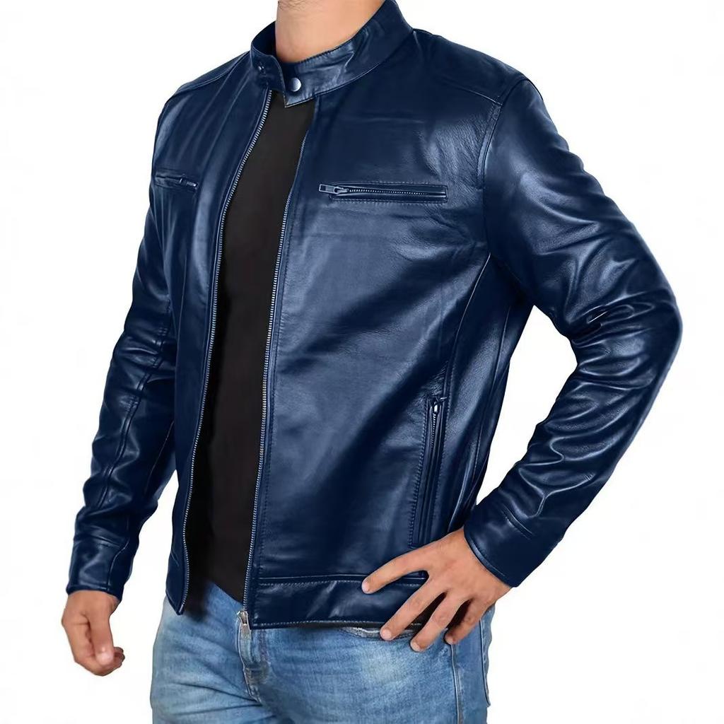 Trade Mens Retro Style Stand-up Collar Leather Jacket Slim Fit Multi-pocket Casual Outerwear