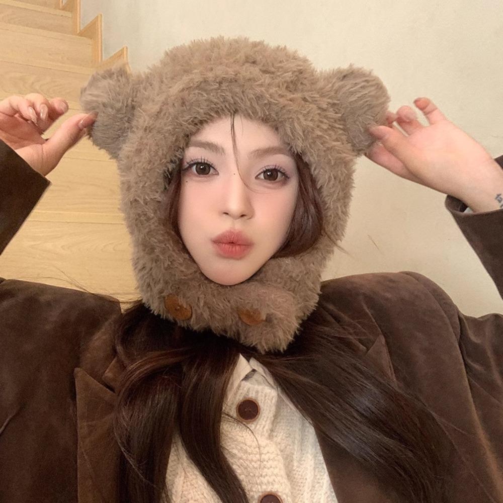 Ear Protection Hat Bear Ears Hat Winter Cap Winter Plush Hat Personality Bib Hat  Winter/Autumn