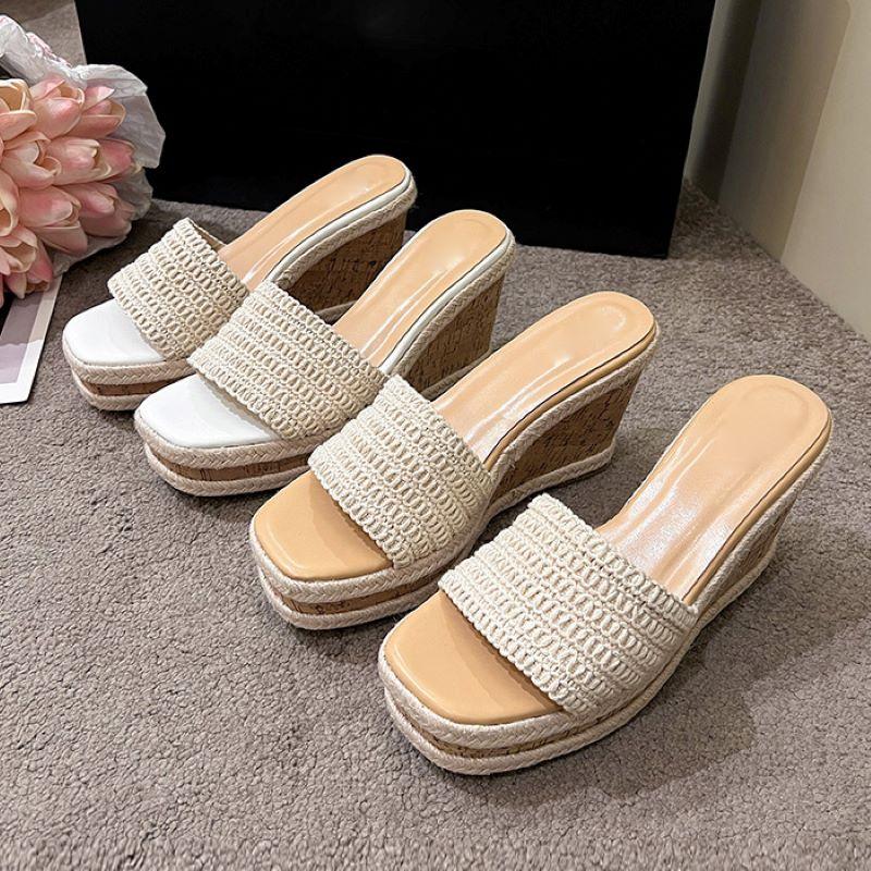 Eilyken New Design Weave Square Toe Platform Wedge Slippers Woman Slide Shoes Fashion High Heels Summer Zapatos De Mujer