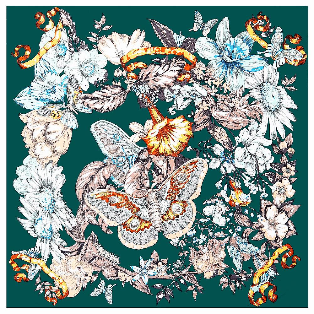 New Hot Shawl Twill Silk Scarf Hand-painted butterfly Flowers Hijab 130cm Square Scarves  Kerchief Woman Headband Scarf&Wraps