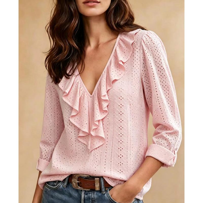 European and American Women's Clothing, New Long-sleeved V-neck Ruffle Edge Solid Color Temperament Elegant Slim-fitting Versatile Top