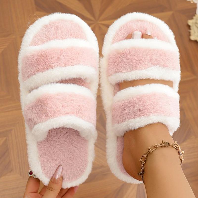 Fashion Indoor Furry Warm House Slippers Women Chic Mix Color Cotton Slides Woman Autumn Winter Open Toe Non Slip Plush Slippers Ladies