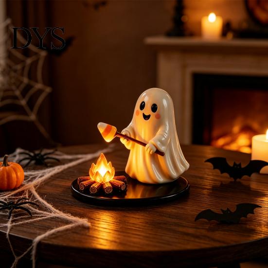 Collectible Fall Atmosphere Sculpture Halloween Campfire Tealight Holder, Matte Resin Ghost Mummy Scarecrow Figurine, Stable Night Light Round