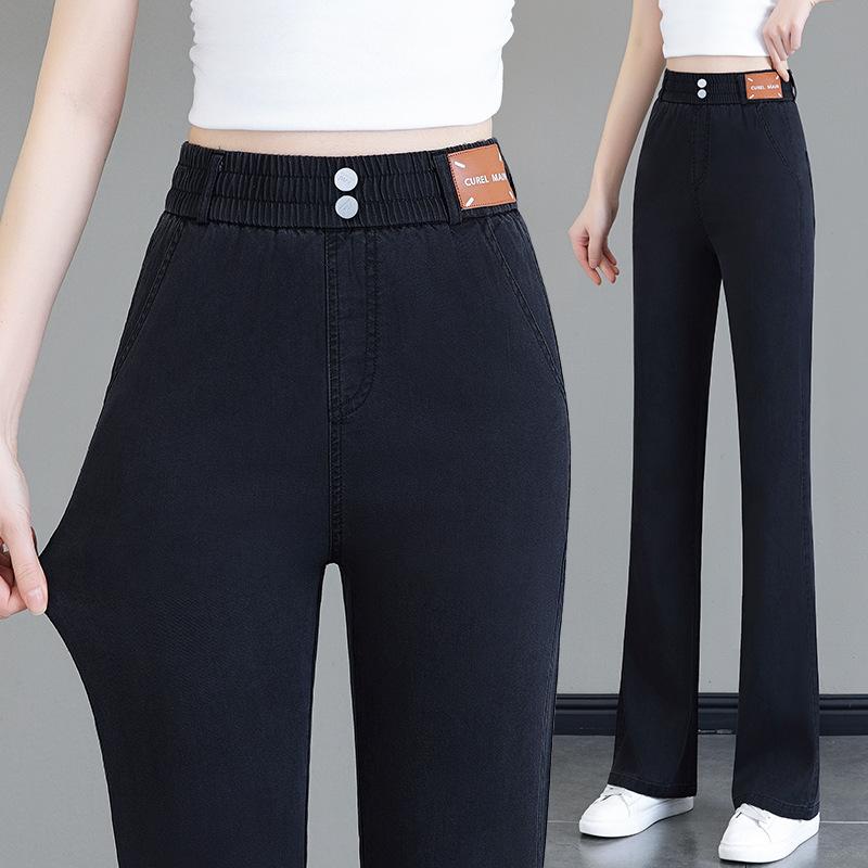 Women's High Waist Elastic Waist Flare Jeans Slim Micro Flared Denim Pants Summer Thin Lyocell Casual Trousers
