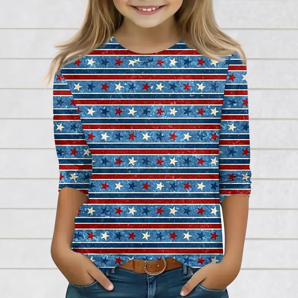 Print Tops For Youth Girls 3-10 Years Round Neck 3/4 Sleeves T-Shirts Trendy Tops Outfit Tees