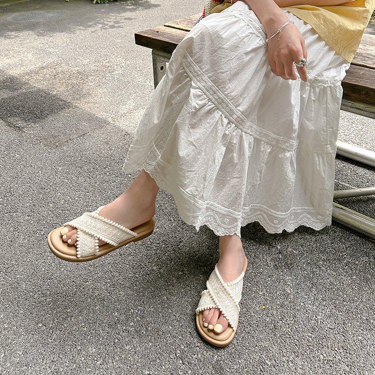 

Soft leather version~ Holiday style cross-woven open-toe outer wear 2025 summer new versatile casual cool slippers women 40