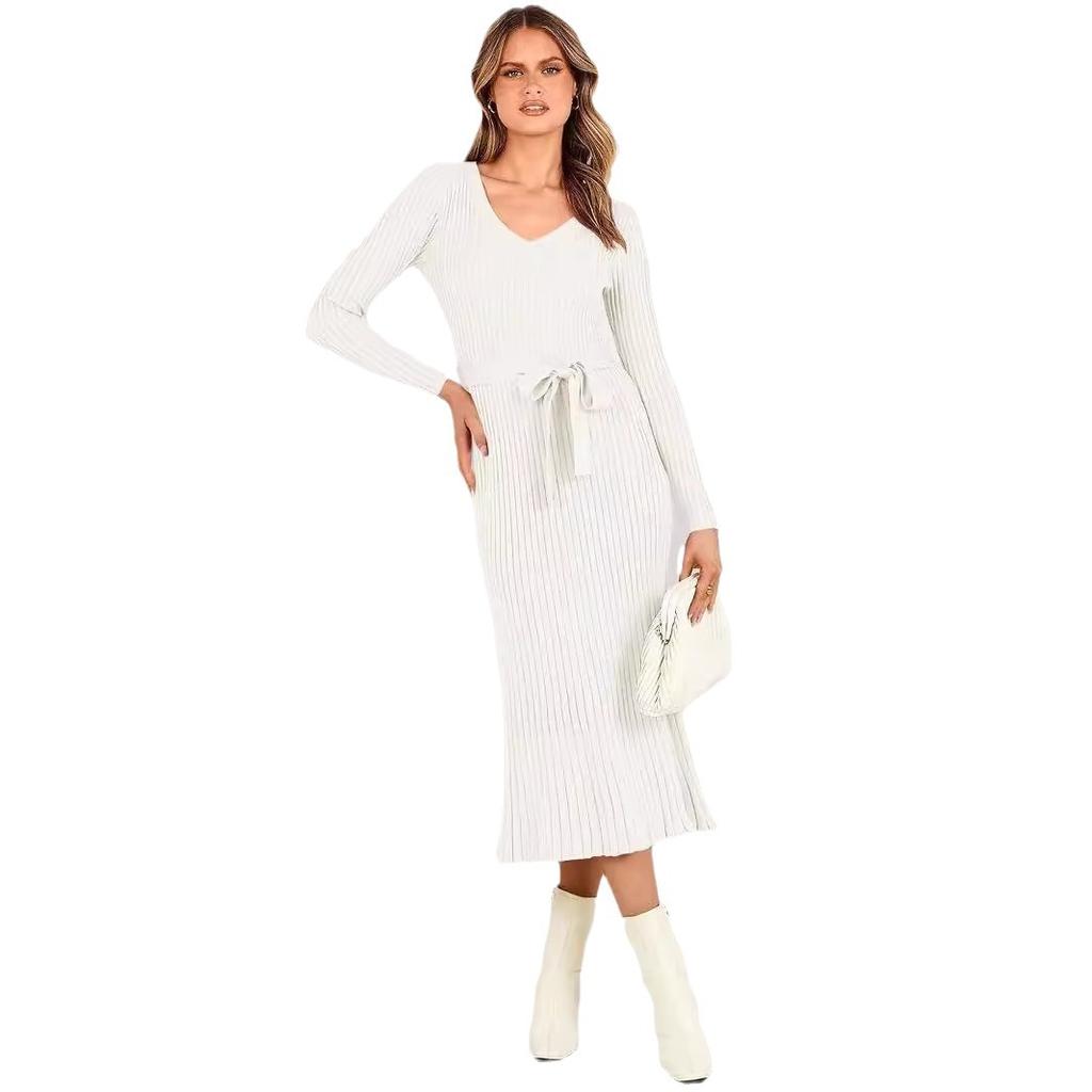 Knit Long Sleeve Dress Women's Tie Belt Corset Long Solid Color V-Neck One-piece Dress