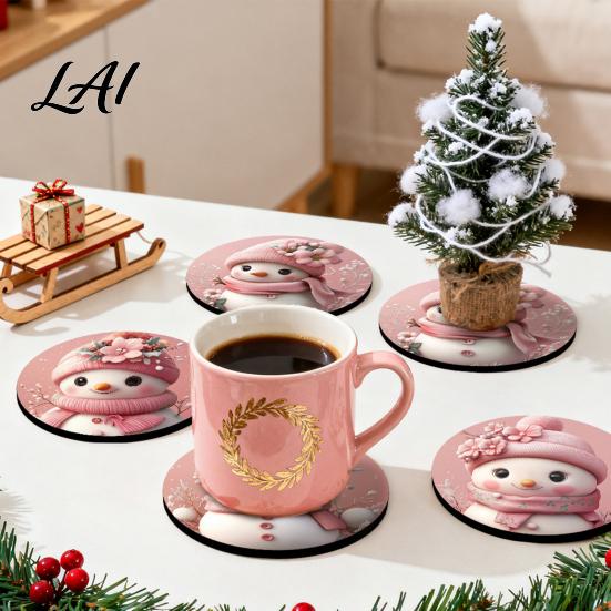 Holiday Table Decor 4/6Pcs Christmas Animal Wooden Coaster Festive Plaid Floral Round Drink Housewarming Gift Ideas Mats Decorations for Home Office