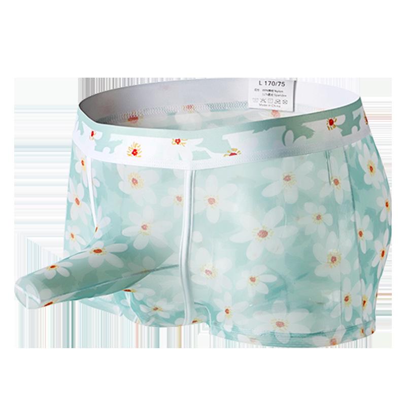 Men's Breathable Ice Silk Boxer Briefs with Separate Pouch and Mesh Print