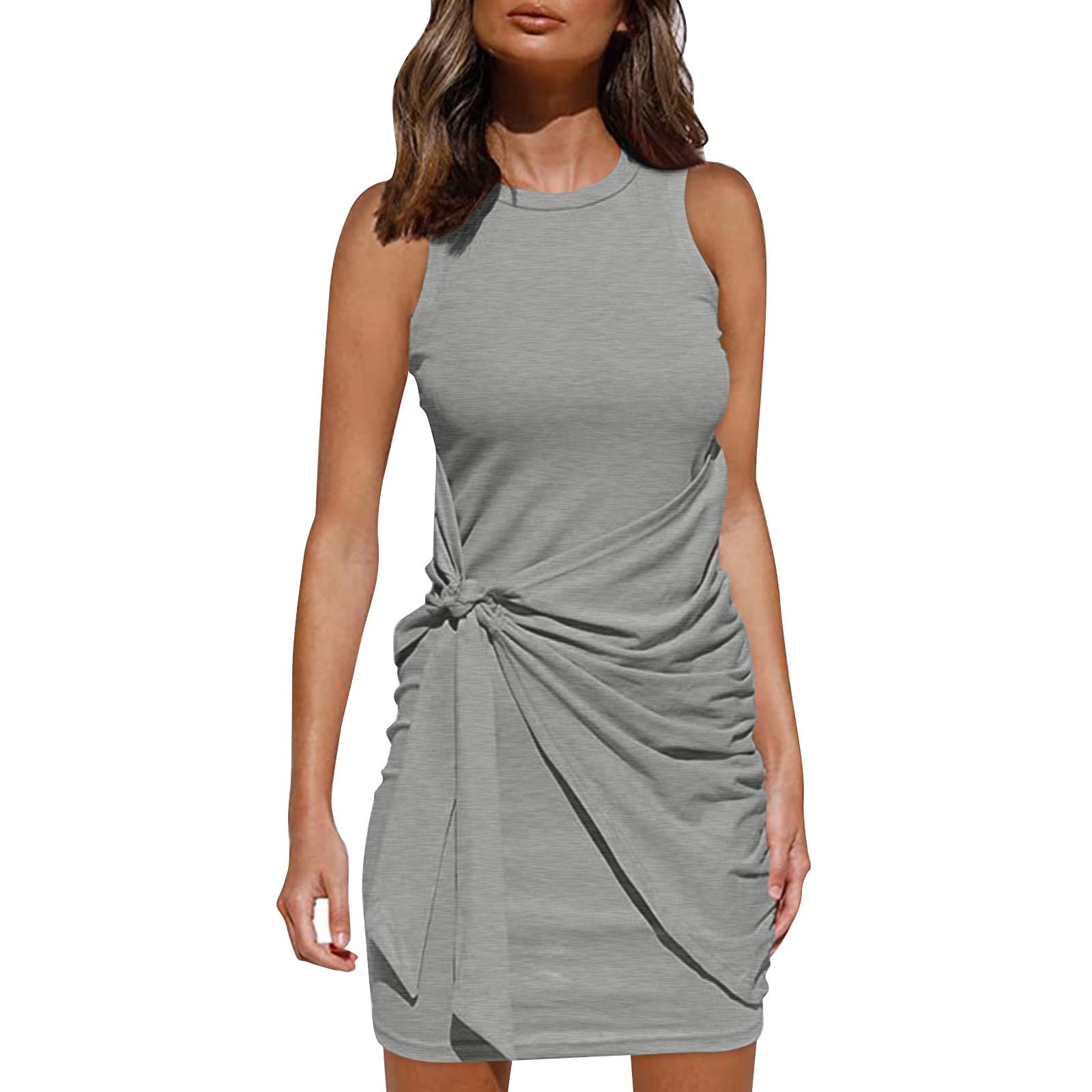 

Женская мода однотонные платья без рукавов с круглым вырезом и нерегулярным поясом с запахом на бедрах XL белый