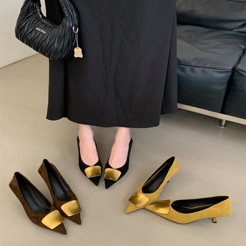 Niche French suede high heels 2025 new versatile bag head sandals women's metal outer wear temperament pointed single shoes