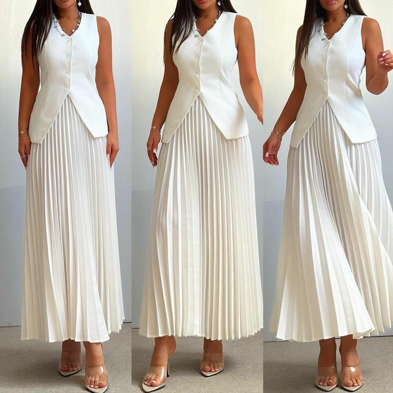 Spot 2024 European and American Suit Women's Vest Pleated Skirt Summer Solid Color High-end Elegant Women's Clothing Two-piece Set