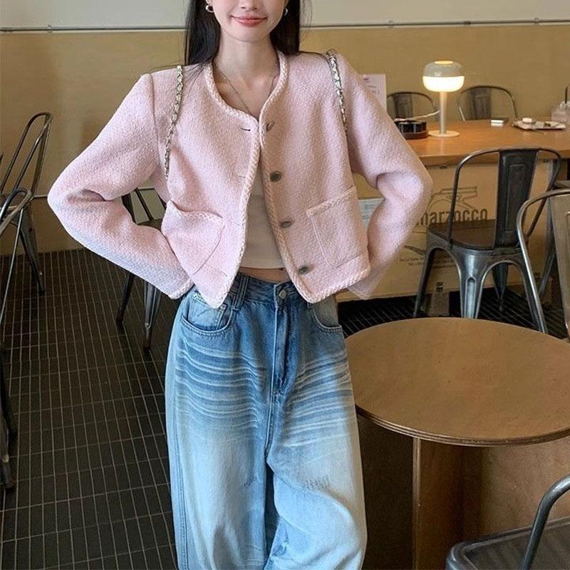 Rosa Kleine Duftjacke Damen Knopfdesign 2025 Frühjahrskleidung Locker Kurz Langärmeliges Oberteil