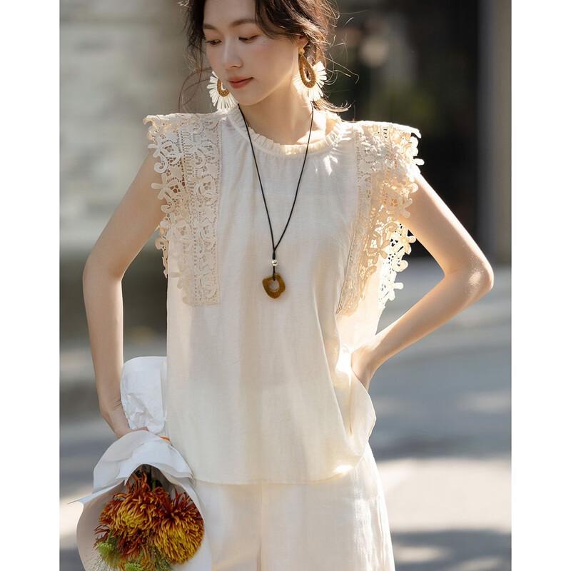 Demana Women's Linen Blend Ruffle Trim Sleeveless Blouse