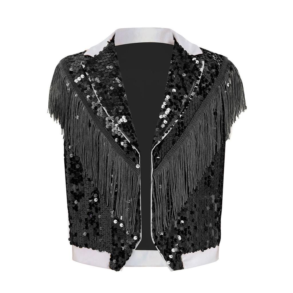 Gilet de Performance Scénique Danse Jazz pour Garçons à Franges Paillettes Scintillantes Revers de Couleur Contrastante Haut Sans Manches