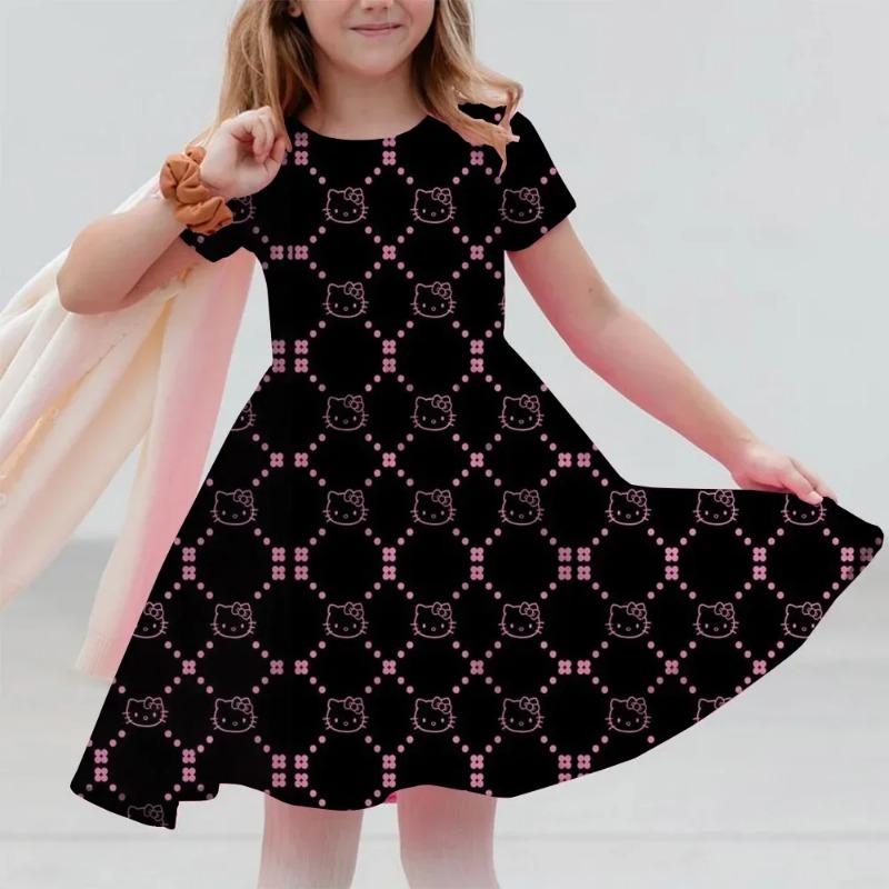 Sanrio 2026New Girls Summer Dress Fashion Cartoon Cute Hello Kitty 3DPrint Dresses Girl Short Sleeve Princess Vacation Clothing