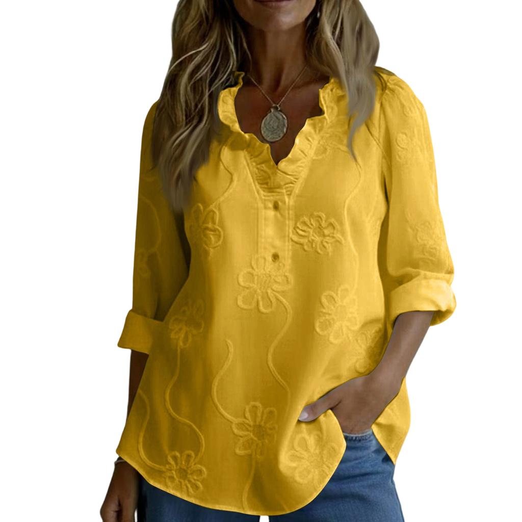 Women's Vintage Floral Embroidered Ruffle Long Sleeve Blouse, Button Down Relaxed Fit Casual Shirt