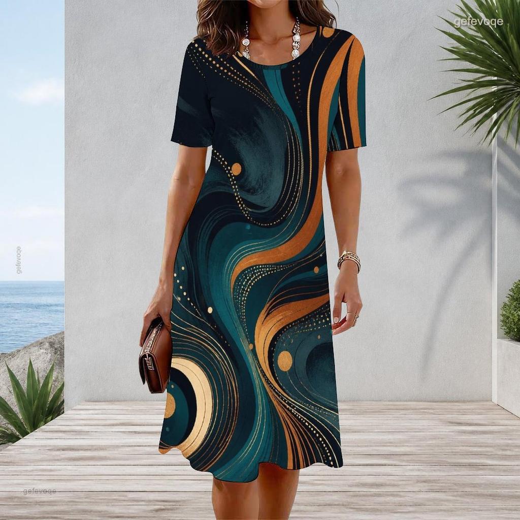 Women Plus Size Round Neck Short Sleeve Rainbow Printed A Line Dress