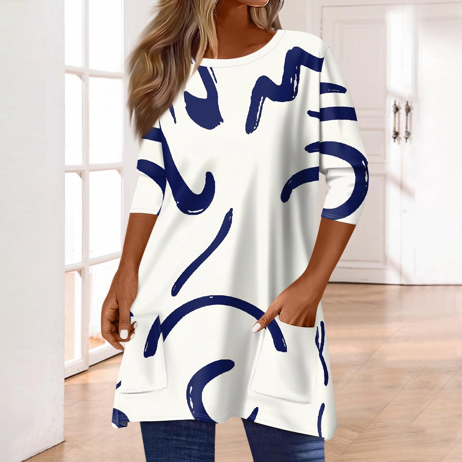 

3/4 рукава кармана топы для женщин футболка повседневный принт средней длины топы футболка круглый вырез пуловер блузка M тёмно-синий