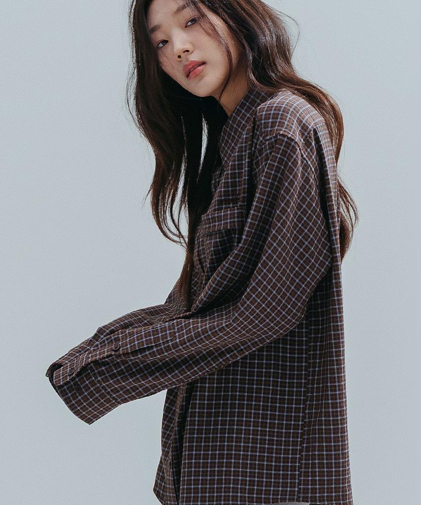 ANNEHEARTS Drape Square Check Shirt_Brown