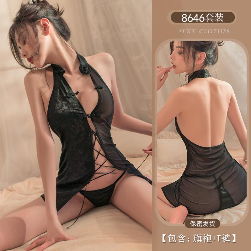 Sexy Lingerie Cheongsam Uniform Sexy Perspective Temptation Split Lace Passion Suit