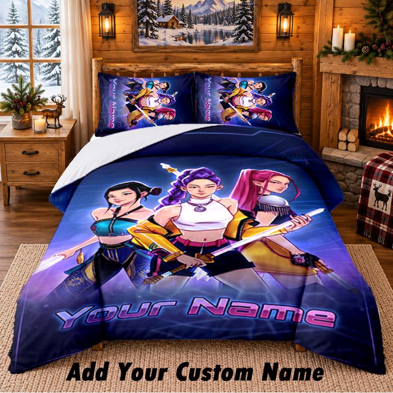 Kpop Demon Hunters Pattern Bedding 3Pcs Set Custom Name, Bed Sheet And Pillowcases For Home Bedroom