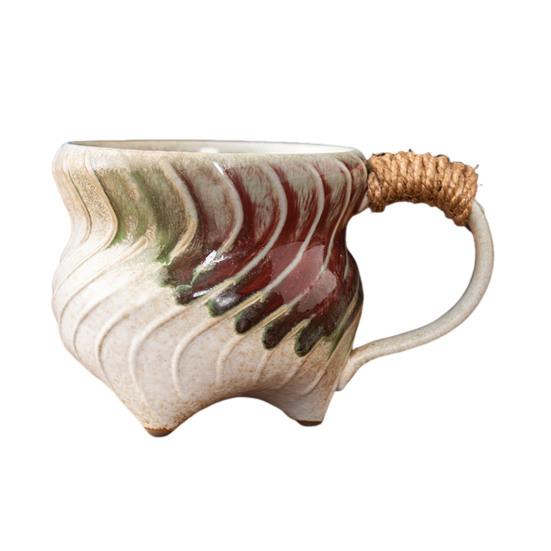 Handmade Ceramic Mug 320ml Vintage Tea Coffee Cup with Rattan Handle Creative Spiral Design Gradient Glaze Drinkware Home Decor Gifts