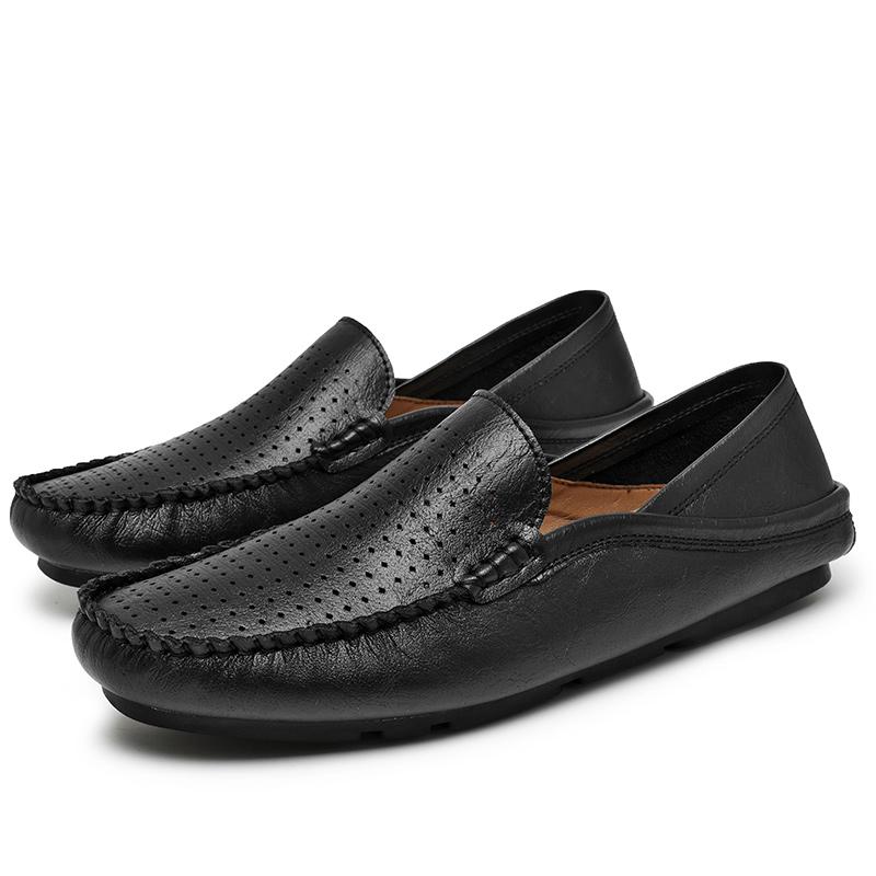 Summer Men's Slip-On Hollow Out Soft Loafers Leather Breathable Work Shoes For Men Comfortable Driving Clog Casual Walking Shoes