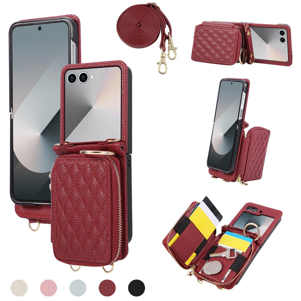 Crossbody Zipper Wallet Card Solt Holder Phone Case for Samsung Galaxy Z Flip 7 6 5 4 3 Flip 7 FE Leather Purse Bracket Cover