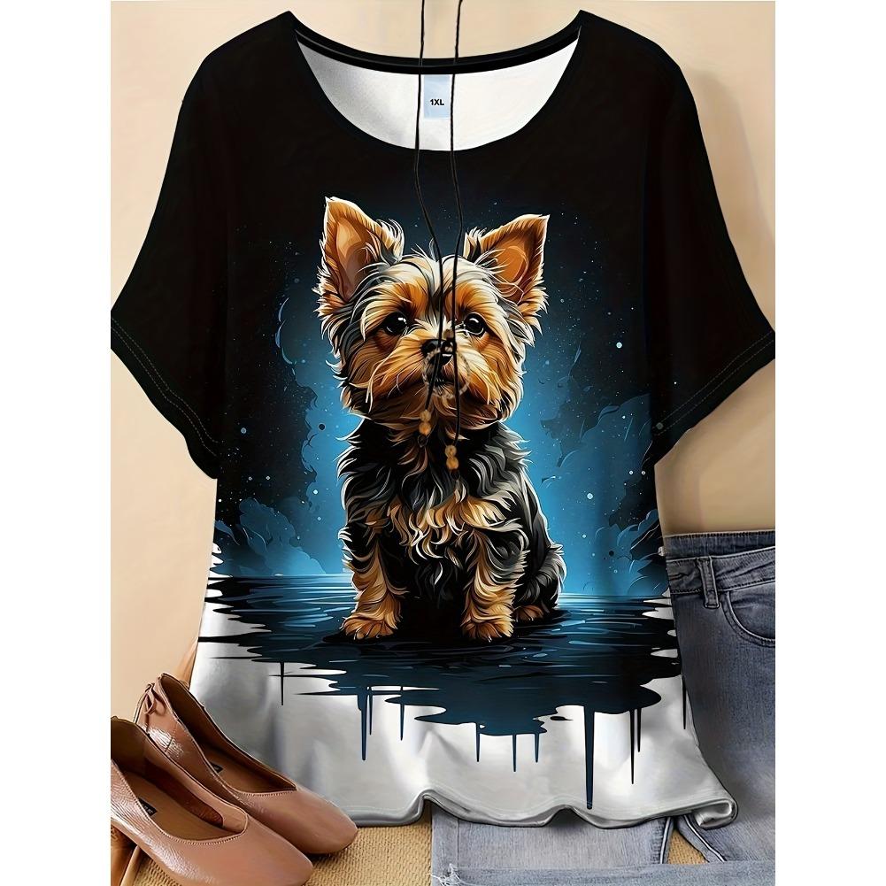 Plus Size Casual Crew Neck Short Sleeve Cartoon Animal Print T-Shirt - Soft Stretch Polyester Fabric Spring and Summer Womens Relaxed Fit Clothing