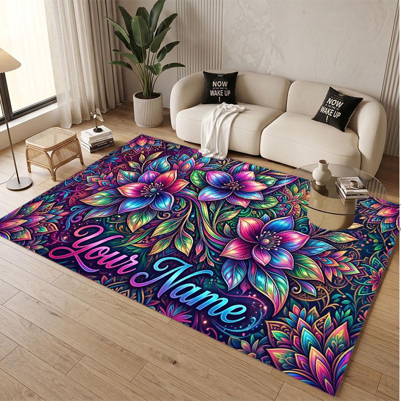 Rose Floral Theme Soft Crystal Velvet Rug Custom Name & Text Print Non Slip Floor Rug for Bedroom Living Room