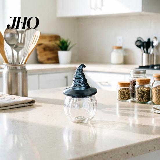 Contenant de stockage pour sachets de thé Pot à épices Pots en verre étanches avec couvercles en forme de chapeau de sorcière/hibou Scellés Contenants étanches à l'humidité pour assaisonnements et aliments secs Décoratifs