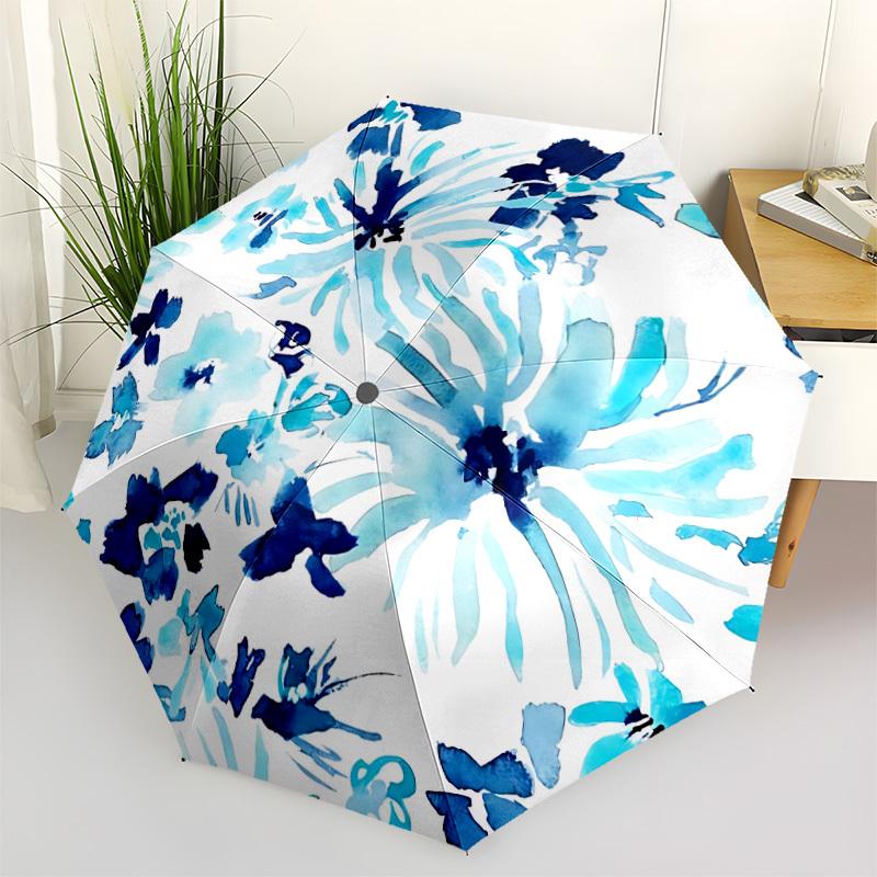 

1pc Blue Flowers Automatic Opening/Closing Folding Umbrella with 8 Ribs,Windproof Portable Sunshade Umbrella Holiday gift yy260401051