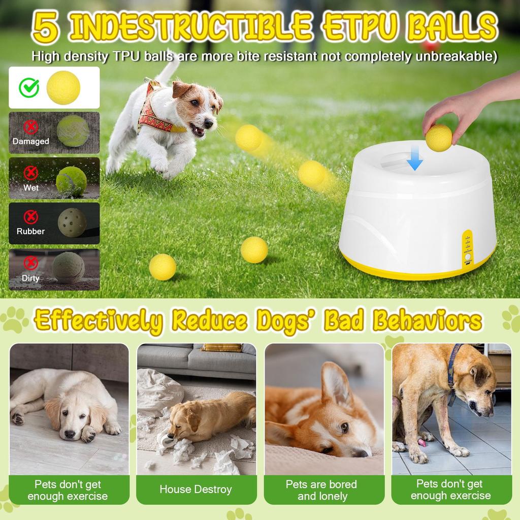 Lanceur de balles automatique pour chiens, Machine interactive de lancer de balle avec 3 niveaux de distance(20-46 pieds) & 5 Balles, Lanceur de Balle pour Chien pour Jouer à l'Intérieur et à l'Extérieur
