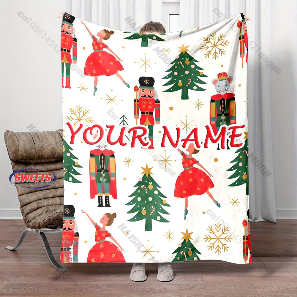 Custom Name Nutcracker Ballet Christmas Blanket Vintage Seamless Print Xmas Flannel Sofa Throw Blanket Family Holiday Gift