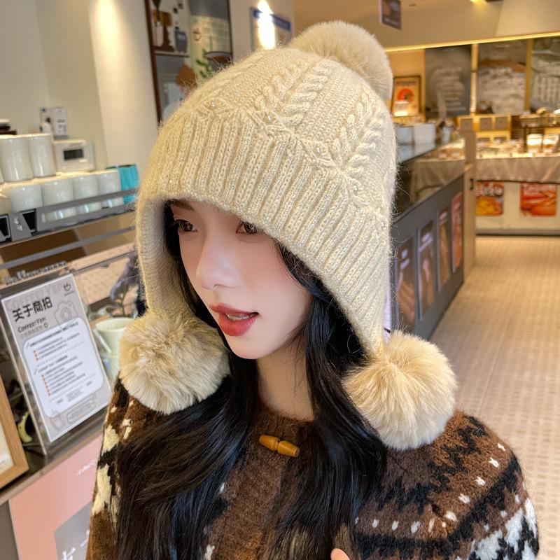 Cute Hairball Hat Women's Thickened Warm Ear Protector Knitted Hat Fashionable Solid Color Casual Wool Hat
