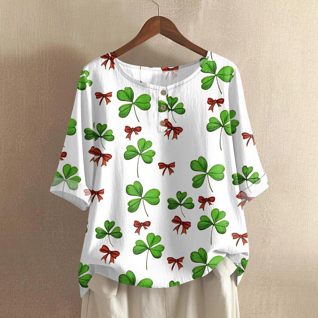 Women's Fashionable And Casual Shirt 3/4 Sleeve Round Neck Print Blouse Top