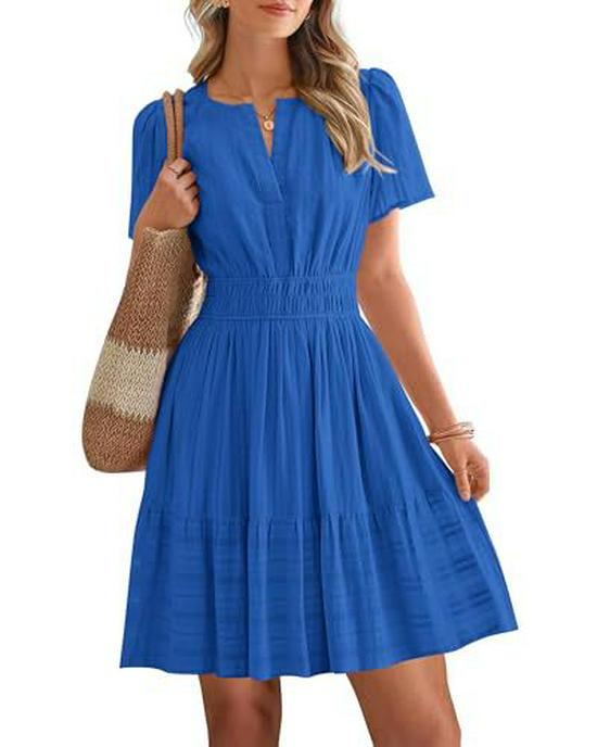 European & American V-neck Pleated Puff Sleeve Layered Dress for Women
