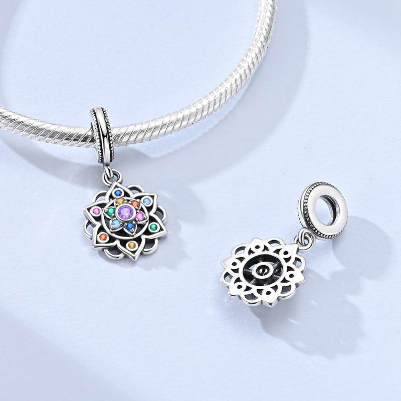 925 Silver Charms Bead CZ Zircon Spinning Colorful Lotus Dangle Fit Original Bracelet DIY Women Jewelry