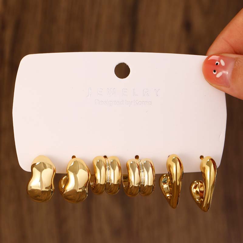 Vintage Gold Color CCB Round Stud Earrings Set for Women Exaggerated Geometric Hollow Personality Earrings Zircon Party Gifts