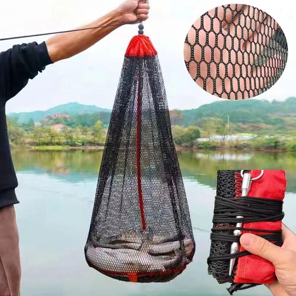 Foldable Fishing Net Bag Small Grid Fishing Gear New Mesh Drawstring Bag  Fishing Supply