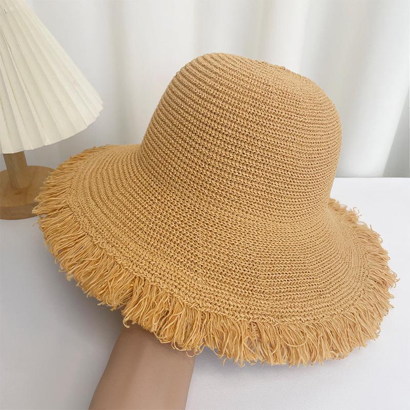 Female Korean  Large Brim Rough Edge Breathable Straw Hat Summer Shading Sun Protection Bucket Hat Seaside Solid Color Beach Hat