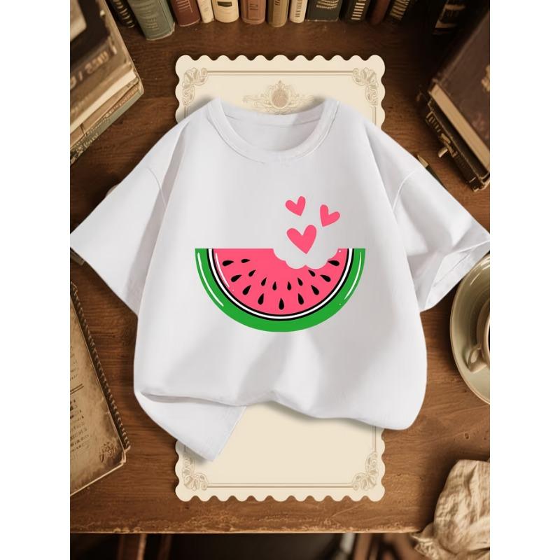 European sizes Girls Fashion Round Neck T-Shirt with Watermelon Print 110 белый