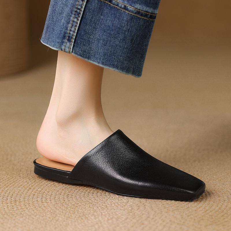 Moda 2025 Verano Zapatos de Mujer Puntera Cuadrada Zapatos Planos Zapatillas Moda Zapatos de Cuero Vacuno para Mujer Mules Casuales para Mujer Sandalias
