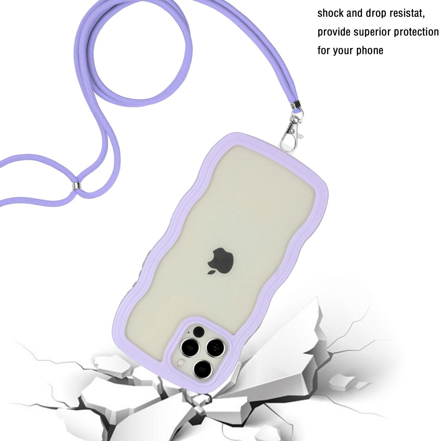 

For iPhone 12/12 Pro 6.1 inch Wavy Edge Color Frame Transparent Back Cover with Adjustable Lanyard Bump Proof PC+TPU Phone Case Purple