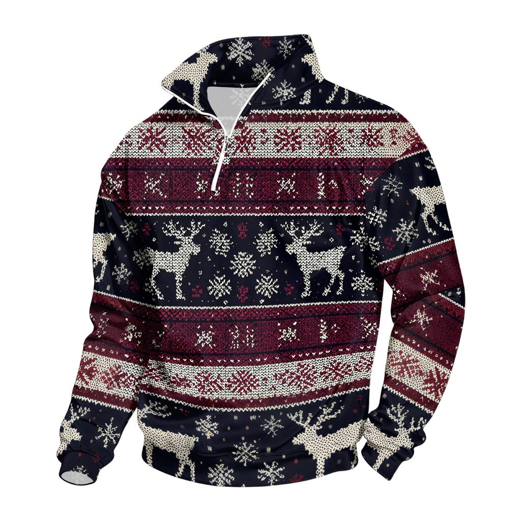 Men's Sweatshirt with Stand Collar Christmas Print Pullover for Casual Wear