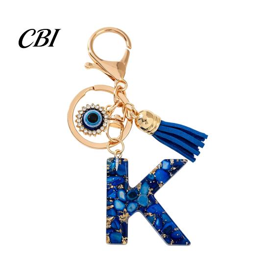 Portable Key Organizer Blue Series Keychain Pendant, Initial Letter Charm Chain with Eyes Tassel Design, A-Z Holder for Bags Backpacks Cars