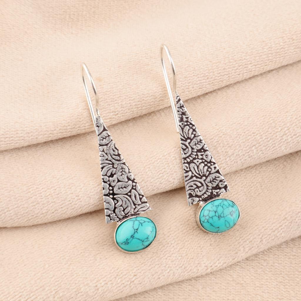 Natural Blue Turquoise Gemstone 925 Sterling Silver Women Handmade Earrings 1.9" EE-165-23